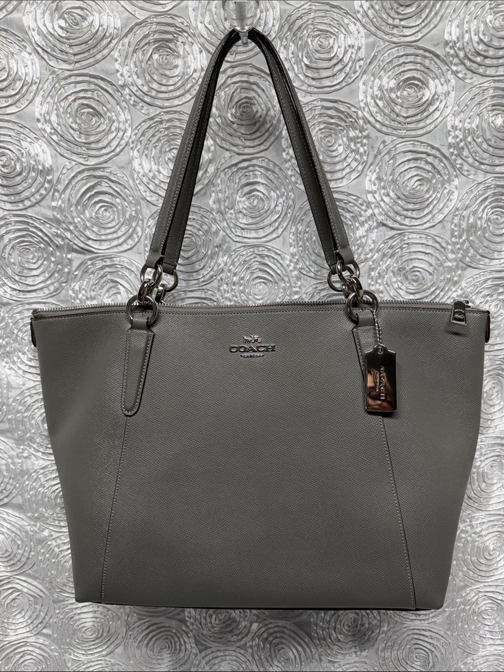 Coach Gray Pebbled Leather Tote with Silver Hardware